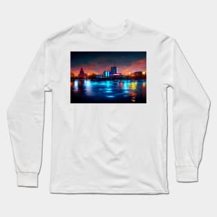 Neon Klaipedia City Skyline With Buildings In Neonlight / Lithuania Long Sleeve T-Shirt